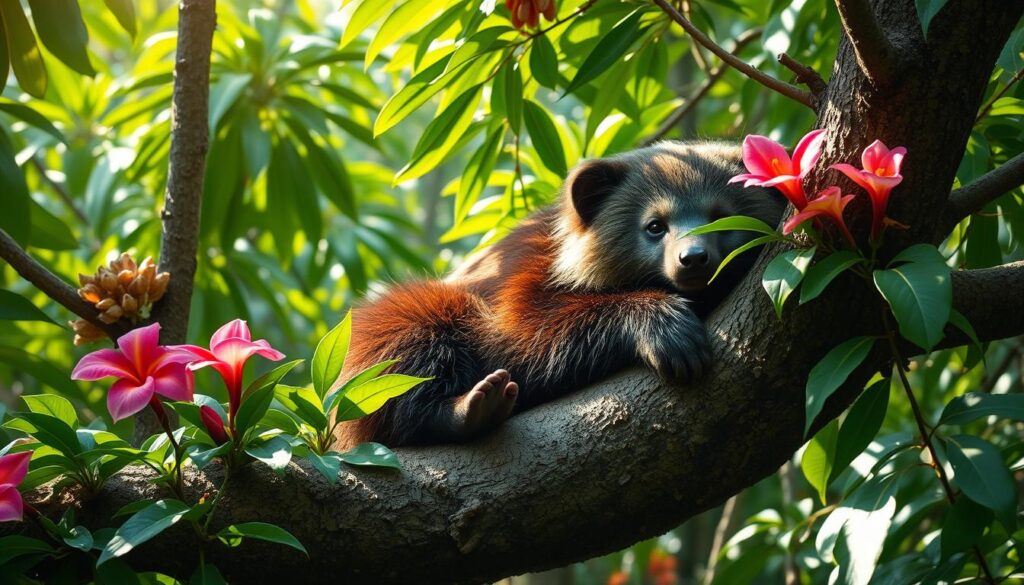 Um binturong ultra-realista descansando em um galho de árvore em uma exuberante floresta tropical asiática, com seu pelo espesso brilhando sob a luz do sol, cercado por folhas verdes vibrantes e flores tropicais coloridas.