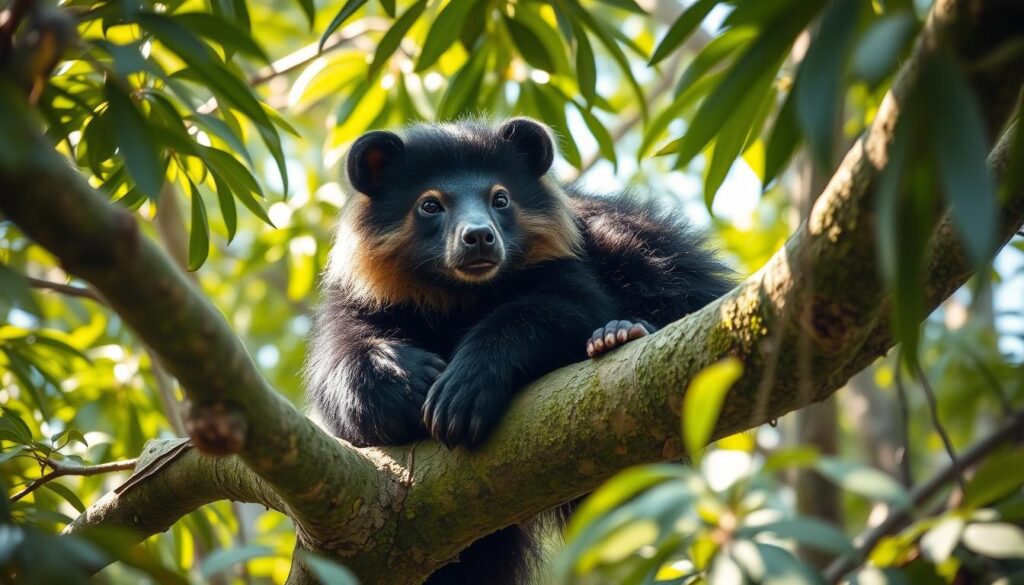 Um binturong ultra-realista descansando em um galho de árvore verdejante em uma floresta tropical asiática, cercado por uma densa folhagem e luz solar salpicada filtrando-se através das folhas, exibindo sua textura de pelo e características faciais características.